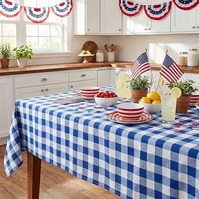 Blue Plaid Table Cloths Gingham Fabric: Independence Day Checkered Table Fabrics Overlays Patriotic 56x84 Inches Blue and White Picnic Desk Covers for Rectangle Table