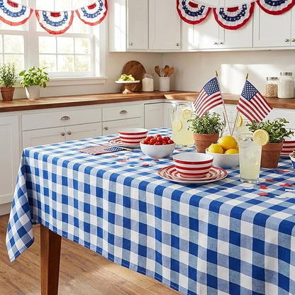 Blue Plaid Table Cloths Gingham Fabric: Independence Day Checkered Table Fabrics Overlays Patriotic 56x84 Inches Blue and White Picnic Desk Covers for Rectangle Table