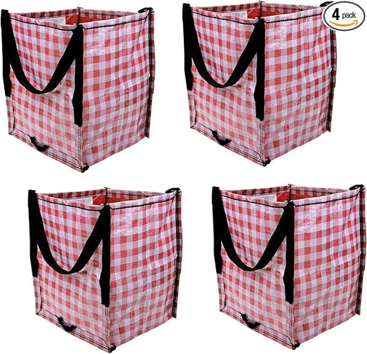 DURASACK Heavy Duty Storage Tote Bag 22-Gallon, Gingham Red, Pack of 4 | Rugged Woven Polypropylene Moving Bag, Reusable Self-Standing Design, Holds up to 500 Pounds