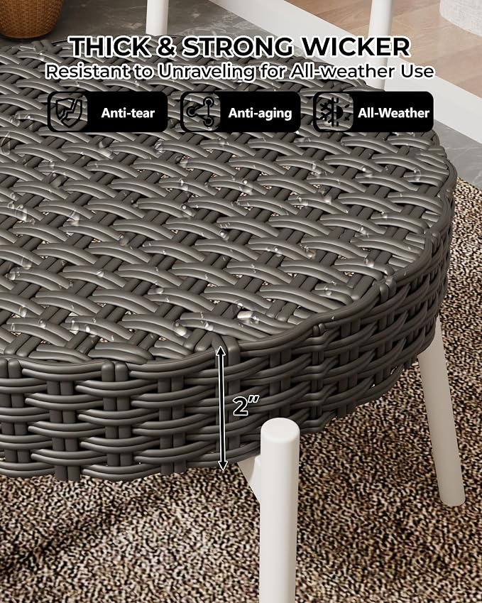 GarveeLife 3 Piece Wicker Patio Bistro Furniture Set, Outdoor Dining Chairs, Includes 2 Rattan Chairs and Tempered Glass Table, for Garden, Backyard, Balcony, Apartment, White & Grey