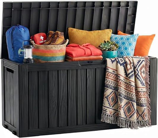 90 Gallon Deck Box Outdoor Storage Box Waterproof for Patio Furniture,Outdoor Cushions,Garden Tools and Pool Supplies,Lockable, Resin and Easy to Install Black