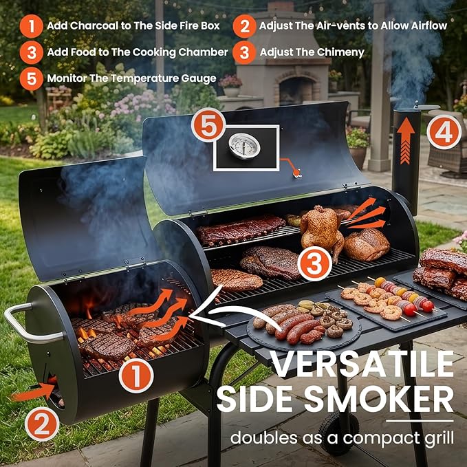 Dopinmin BBQ Charcoal Grill, Outdoor Heavy Duty Cooker oven Barbecue Grill with Offset Smoker & Thermometer, Wheels and Tray for Patio Balcony Picnics, Party and Camping