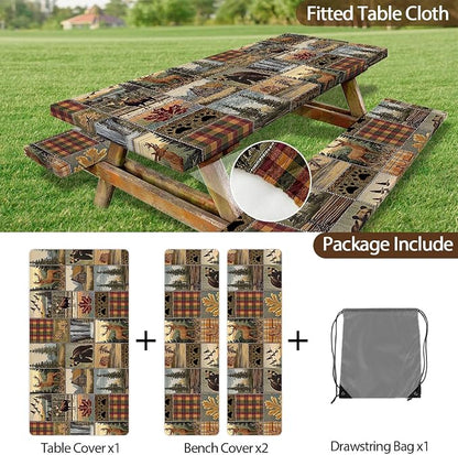 Picnic Table Cover with Bench Covers 6FT 3PCS, Camping Essentials,Rectangle Fitted Camping Tablecloth Waterproof with Elastic Edge for Indoor Outdoor Patio, 60in, Brown