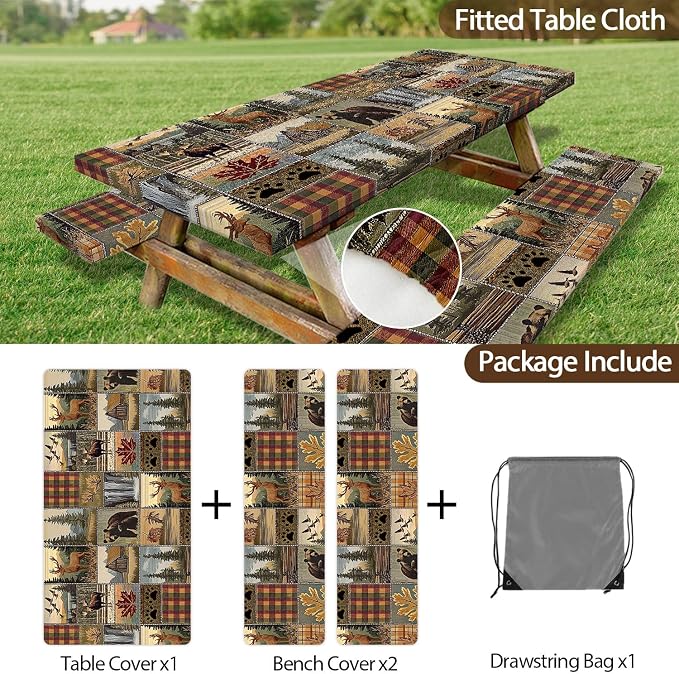 Rectangle Picnic Table Cover with Bench Covers 6FT 3PCS, Camping Essentials,Rectangle Fitted Camping Tablecloth Waterproof with Elastic Edge for Indoor Outdoor Patio, 72in, Brown