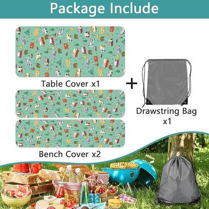 Picnic Table Cover with Bench Covers and Bag, Camping Rv Essentials, Waterproof Windproof Fabric, Fitted Tablecloth Cover with Elastic Edge, 3 PCS, 30x72 Inch, Green
