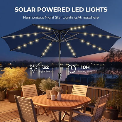 HOMSHADE 9ft Solar Patio Umbrella - Solar Lights LED Lighted Outdoor Market Table Umbrella, UPF50+ UV Protection with Push Button Tilt, Crank for Pool Deck and Garden (Navy Blue)