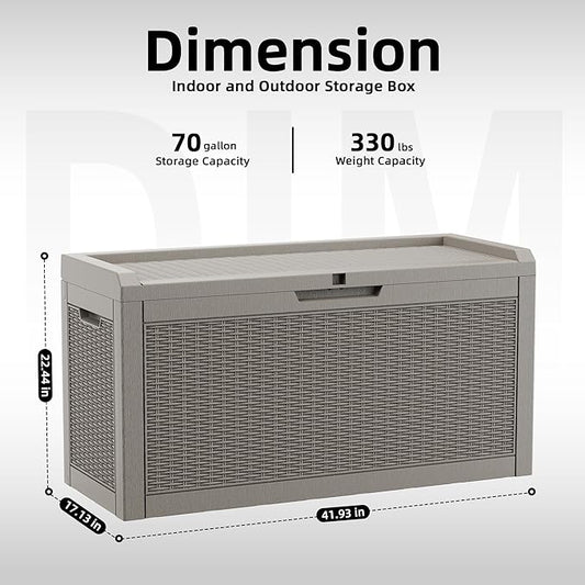 EasyUp 70 Gallon Outdoor Storage Box, Outdoor Deck Boxes for Garden Tools Equipment,Cushions and Patio Storage,Lockable and Resin,Easy to Install(Grey)
