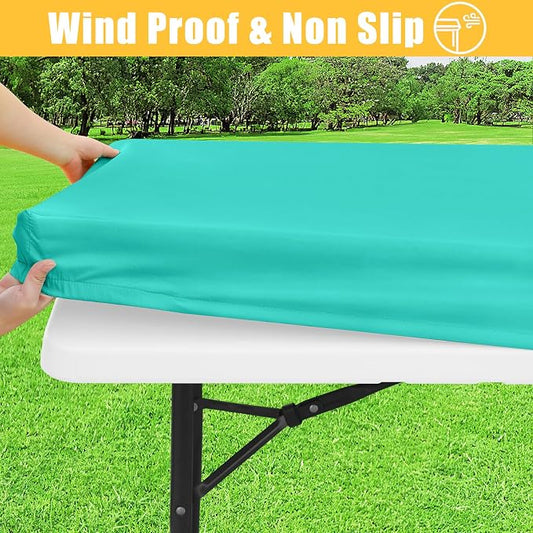 Rectangle Table Cloth, Waterproof Elastic Fitted Tablecloth for 8 Foot Folding Tables, Washable Polyester Tablecloths for Picnic, Camping, Outdoor (Aqua, 30"x96")