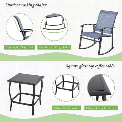 Shintenchi Rocking Chair Outdoor with Table, 3 Piece Rocking Patio Bistro Set, Outdoor Furniture Set with Metal Frame and Textilene Fabric for Small Space, Dark Blue