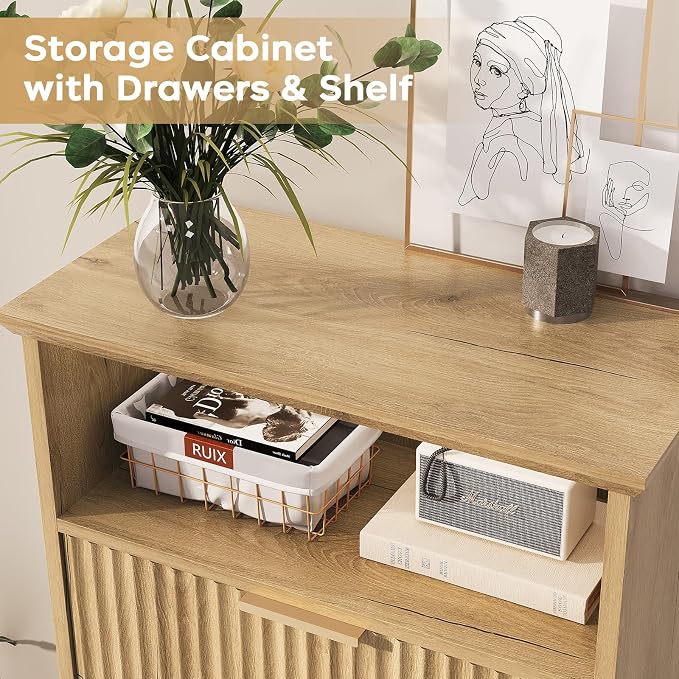 Fluted Buffet Cabinet with Storage, Modern Coffee Bar Cabinet | With Drawer & Adjustable Shelf, Wood Sideboard Cabinet for Kitchen, Bathroom, Entryway and Living Room Natural