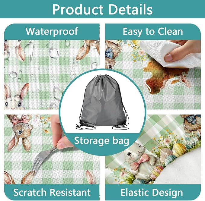 Easter Picnic Table Cover with Bench Covers, Camping Essentials, Easter Buffalo Plaid Rabbit Eggs Flower Outdoor Table Covers, Waterproof, Fitted Tablecloth Cover with Elastic Edge, 3 PCS, 30x72 Inch