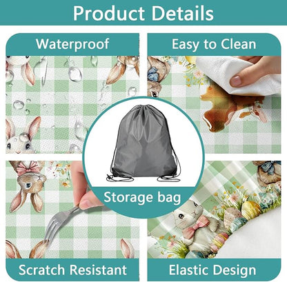Easter Picnic Table Cover with Bench Covers, Camping Essentials, Easter Buffalo Plaid Rabbit Eggs Flower Outdoor Table Covers, Waterproof, Fitted Tablecloth Cover with Elastic Edge, 3 PCS, 30x60 Inch