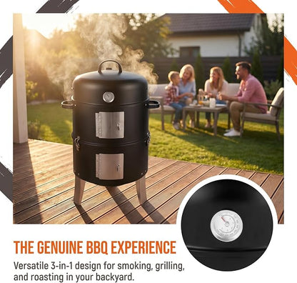 BBQ Charcoal Grill, Vertical Barrel Smoker with Double Cooking Grates, Built-In Thermometer and Air Vent, Portable Outdoor Grill for Backyard BBQ, Camping and Parties, Black