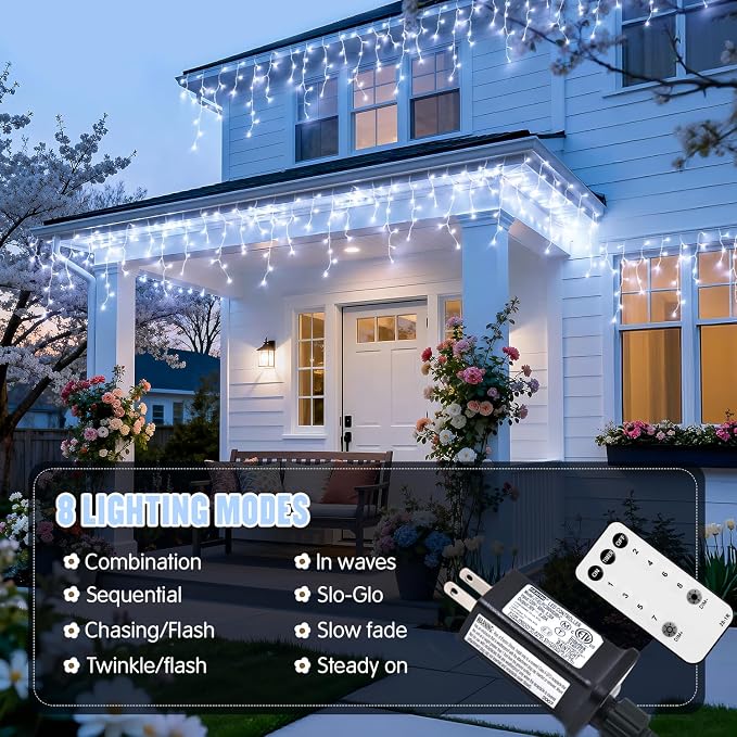 JMEXSUSS 38.8ft 400 LED White Icicle Lights for Outside | Connectable Christmas Icicle Lights Outdoor Indoor Plug in, String Lights for House Patio Party Room Eave Decorations