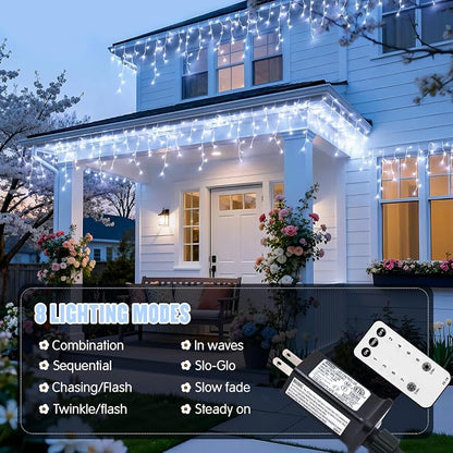 JMEXSUSS 38.8ft 400 LED White Icicle Lights for Outside | Connectable Christmas Icicle Lights Outdoor Indoor Plug in, String Lights for House Patio Party Room Eave Decorations