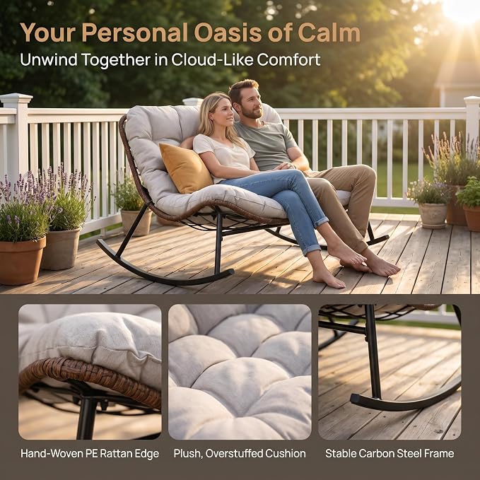 Rocking Papasan Chair, Double Wide Outdoor Lounge Chair, Beige | Double Wide Design with Plush Cushions, Sturdy Rattan Frame and Gentle Rocking Comfort for Patios, Gardens and Balconies