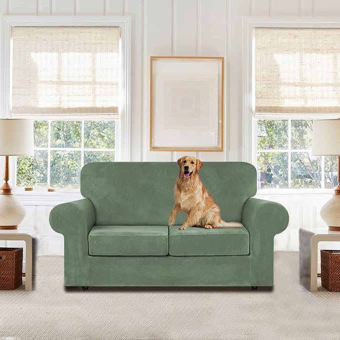 WEERRW Velvet Stretch 3 Pieces Couch Cover for Sofa Washable, Greyish Green | Love Seat Couch Covers for 2 Cushion Couch Sofa Furniture Protector slipcoves with Elastic Bottom for Kids, Medium