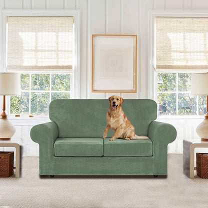 WEERRW Velvet Stretch 3 Pieces Couch Cover for Sofa Washable, Greyish Green | Love Seat Couch Covers for 2 Cushion Couch Sofa Furniture Protector slipcoves with Elastic Bottom for Kids, Medium