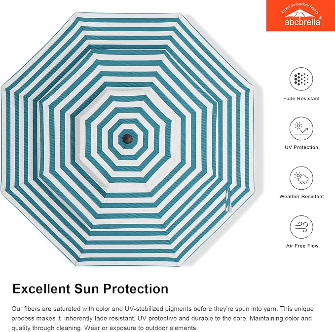 ABCCANOPY 9FT 3-Tier OLEFIN® Patio Umbrella with Stripe, 5-Year No Fading | Heavy Duty Fade-Resistance Outdoor Umbrella, 8 Sturdy Ribs, Tilt, Crank for Backyard, Garden, Yard, Pool, Turquoise Stripe
