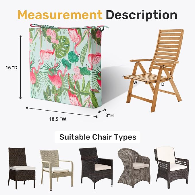 UNIKOME Outdoor Chair Cushions Pack of 4, Water Resistant Patio Cushions with Ties, High Density Sponge Filling Square Corner Seat Cushions for Outdoor Furniture, 18.5"*16"*3", Flamingos