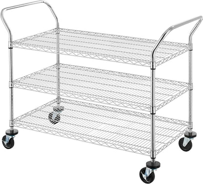 Finnhomy 3-Tier Commercial Grade Rolling Cart, Heavy Duty Utility Carts with Wheels and Handles, Kitchen Trolly on Wheels, Metal Serving Shelves with 700 lbs Capacity, Shelf Size 24" D x 48" W, NSF