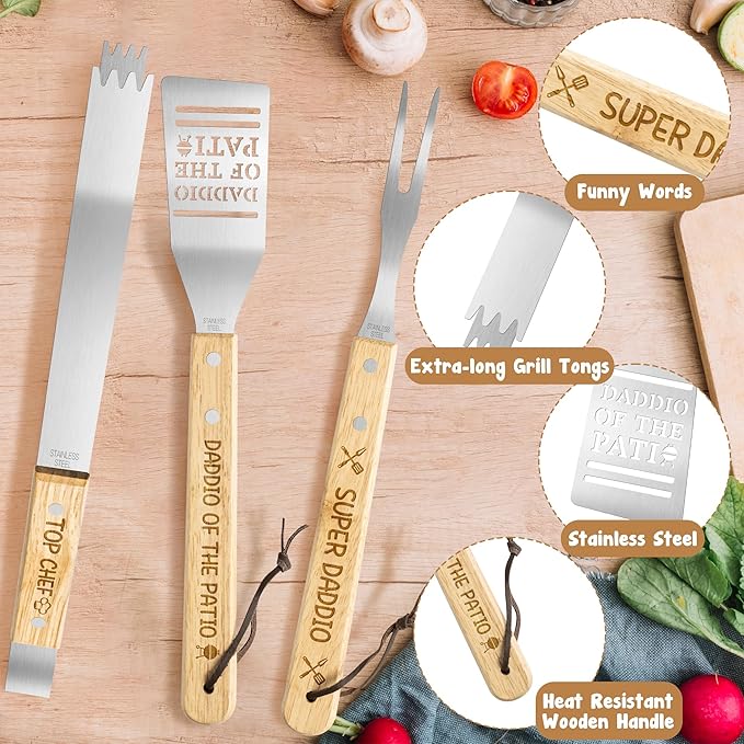 Haooryx Father BBQ Grill Tool Accessory Set - 3Pcs Super Daddio Stainless Steel Grilling Tong Fork Spatula Top Chef Dad Birthday Present Outdoor Housewarming Camping Father's Day Holiday Party Supply
