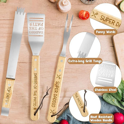 Haooryx Father BBQ Grill Tool Accessory Set - 3Pcs Super Daddio Stainless Steel Grilling Tong Fork Spatula Top Chef Dad Birthday Present Outdoor Housewarming Camping Father's Day Holiday Party Supply