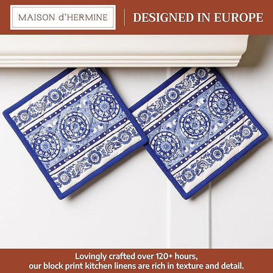Maison d' Hermine Pot Holders 100% Cotton Heat Resistant Potholders 8" x 8" Hot Pads with Loop BBQ Cooking Baking Hotel Farmhouse Kitchen Handling Hot Pans Spring Summer (Pack of 2, Melodie Bleue)
