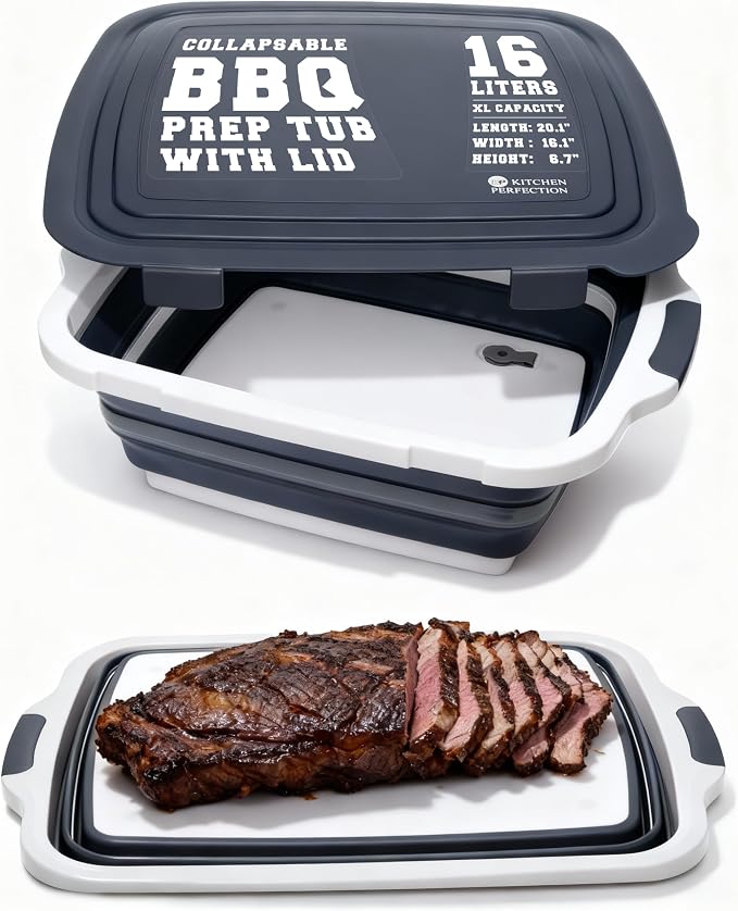 Collapsible XL Smoker & BBQ Prep Tub with Locking Lid | Includes Cutting Board, Meat Marinade & Brine Container For Turkey, Brisket & Ribs - Best Grill Accessories Gifts For Men