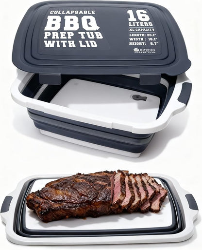Collapsible XL Smoker & BBQ Prep Tub with Locking Lid | Includes Cutting Board, Meat Marinade & Brine Container For Turkey, Brisket & Ribs - Best Grill Accessories Gifts For Men