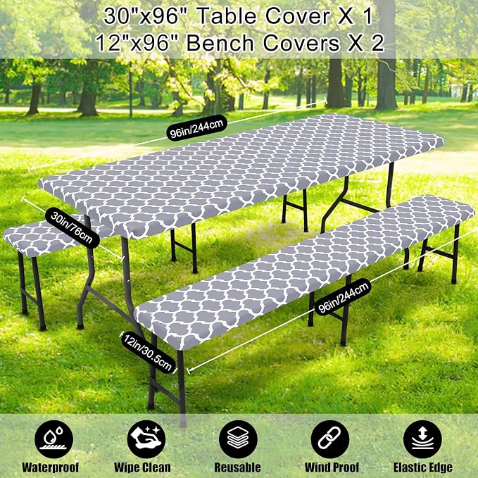 Smiry Picnic Table Cover with Bench Covers, Waterproof Elastic Fitted Tablecloth for 8 Foot Tables, Washable Polyester Tablecloths for Camping, Indoor & Outdoor (Grey, 30x96 Inch 3-pc Set)