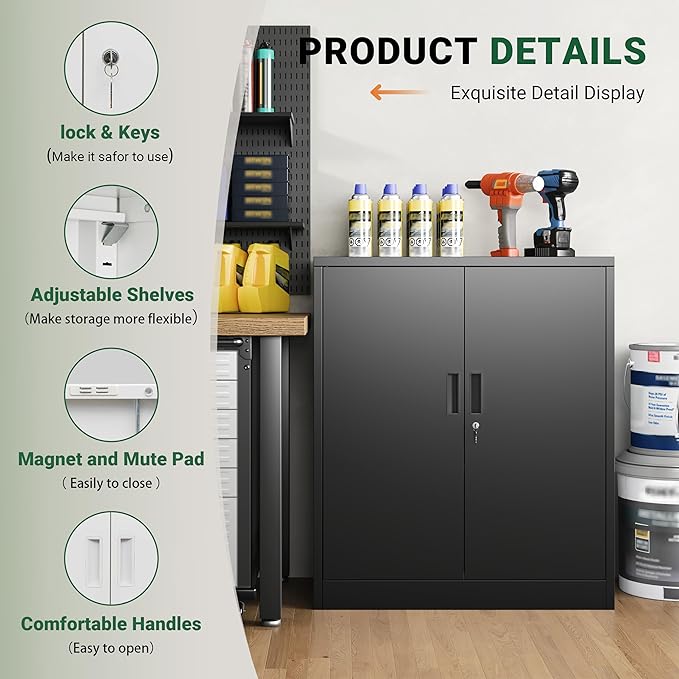 CJF Pantry Cabinet, Metal Pantry Storage Cabinets with Doors and 2 Adjustable Shelves, 36" H Locking Cabinet for Kitchen Storage, Home, Garage, Utility Room and Basement, Black