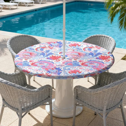 Outdoor Tablecloth with Umbrella Hole and Zipper Fits 45-48" Tables | Waterproof Round Fitted Tablecloth with Elastic Edge, Wipeable Outdoor Table Cover for Patio, Garden, Picnic