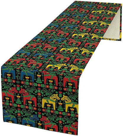 Swedish Dala Horse Folk Table Runner Scandinavian Gift Sweden Decoration Rustic for Garden Farmhouse Wedding Party Holiday Dinner Home 13x108 Inch