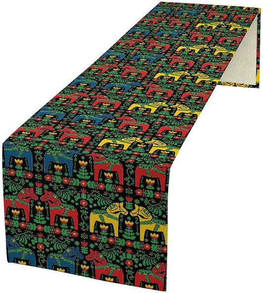 Swedish Dala Horse Folk Table Runner Scandinavian Gift Sweden Decoration Rustic for Garden Farmhouse Wedding Party Holiday Dinner Home 13x90 Inch