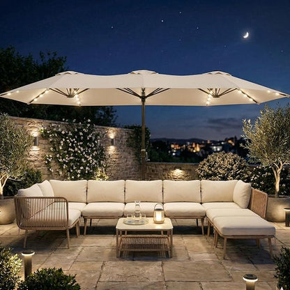 15FT Large Outdoor Patio Umbrella with Solar Lights and Base, Double-Sided Table Umbrellas with 48 LED Lights, Rectangle Market Umbrella for Pool, Deck, Backyard