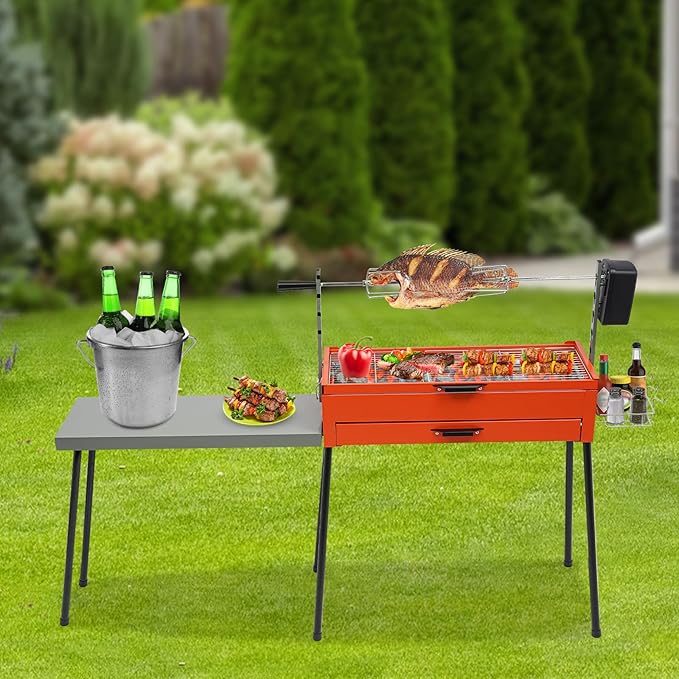 BBQ Grill Charcoal with Table, 27.95x11.02in Stainless Steel Grilling Area, Height-Adjustable Portable Grill Charcoal for Camping, Parties,Backyard BBQs