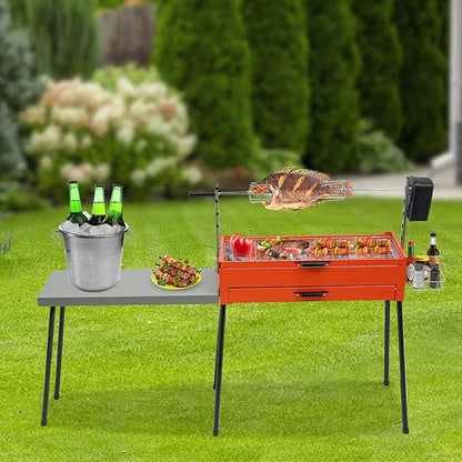 BBQ Grill Charcoal with Table, 27.95x11.02in Stainless Steel Grilling Area, Height-Adjustable Portable Grill Charcoal for Camping, Parties,Backyard BBQs