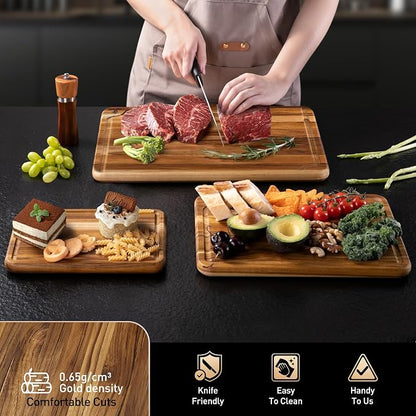 Teak Wood Cutting Board Set for Kitchen High-End Non Toxic Non Slip Over Sink Solid Thick Wood Haus Chopping Board Extra Large Big Small Best Kitchen Essential House Warming Hostess Host Gift