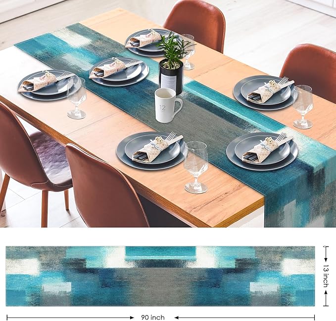Emvency Farmhouse Table Runner, Modern Teal and Grey Abstract Art Painting for Kitchen Coffee Table Family Dinners Holiday Parties Wedding Events Decor(13x90 inch)