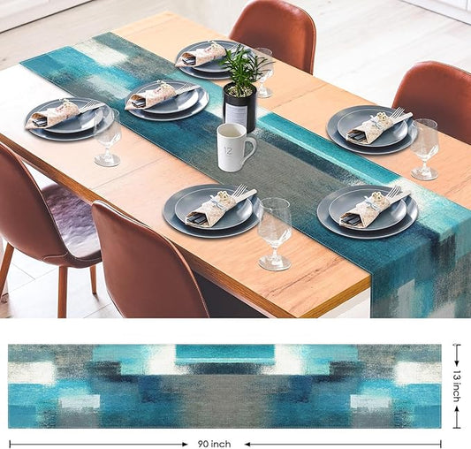 Emvency Farmhouse Table Runner, Modern Teal and Grey Abstract Art Painting for Kitchen Coffee Table Family Dinners Holiday Parties Wedding Events Decor(13x90 inch)