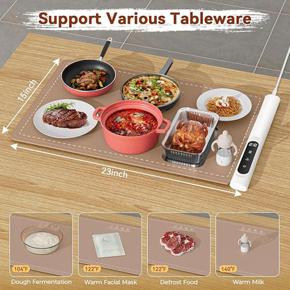 Newise Graphene Warming Mat for Food - Fast Full Surface Heating Electric Warming Tray, Portable Food Warmer for Parties Buffet with 6 Temperature and Timer Settings, Brown