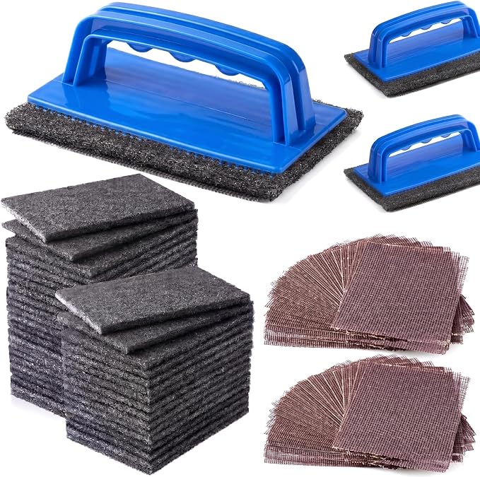 Reallnaive 93 Pcs Griddle Cleaning Kit for Flat Top Grill,Blue | Screen Holder, Grill Screens Cleaning Pads, Heavy Duty Abrasive Mesh Pads for Cast Iron, Stainless Steel Griddle Cleaner