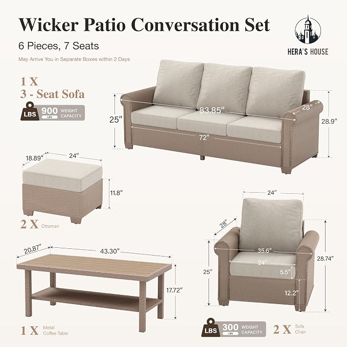HERA'S HOUSE Patio Furniture Set, 4 x Cushioned Chairs, 3-Seat Sofa with Wood Grain Coffee Table, 5 Seats Luxury Windsor Style All Weahter Outdoor Sofa Conversation Set for Deck Lawn Backyard