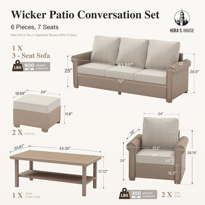 HERA'S HOUSE Patio Furniture Set, 4 x Cushioned Chairs, 3-Seat Sofa with Wood Grain Coffee Table, 5 Seats Luxury Windsor Style All Weahter Outdoor Sofa Conversation Set for Deck Lawn Backyard
