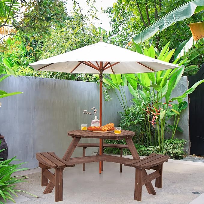 Tangkula 6 Person Wood Picnic Table, Outdoor Round Picnic Table with 3 Built-in Benches, Umbrella Hole, Outside Table and Bench Set for Garden, Backyard, Porch, Patio, 500lbs Capacity Per Bench