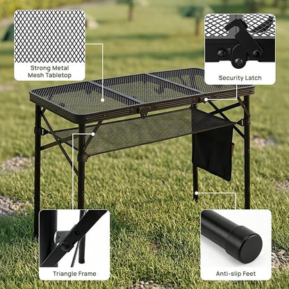 Folding Grill Table, 34"x16" Portable Camping Table with Storage Pocket, Heat Resistant & Waterproof Outdoor Picnic Table, Sturdy Lightweight for Travel Cooking BBQ, Camping, Backyard