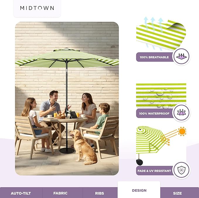 Midtown Umbrellas - 10-Year-No-Fade 10 Ft Patio Umbrella with Terylast Fabric, Auto-Tilt Aluminum Frame and 8 Reinforced Ribs for Deck, Pool, Garden & Beach - Green/White Stripes Canopy, Black Pole