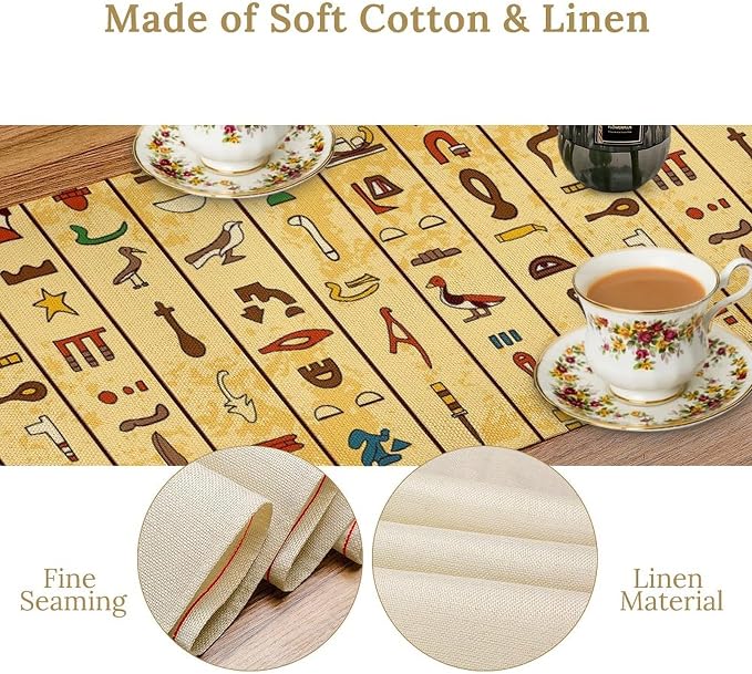 Egyptian Print Table Runner, Colorful Hieroglyphics on Papyrus Old Paper Decor Indian Wedding Reception Party Decorative for Dining Table 13x60 Inch