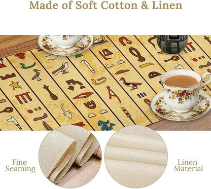 Egyptian Print Table Runner, Colorful Hieroglyphics on Papyrus Old Paper Decor Indian Wedding Reception Party Decorative for Dining Table 13x60 Inch